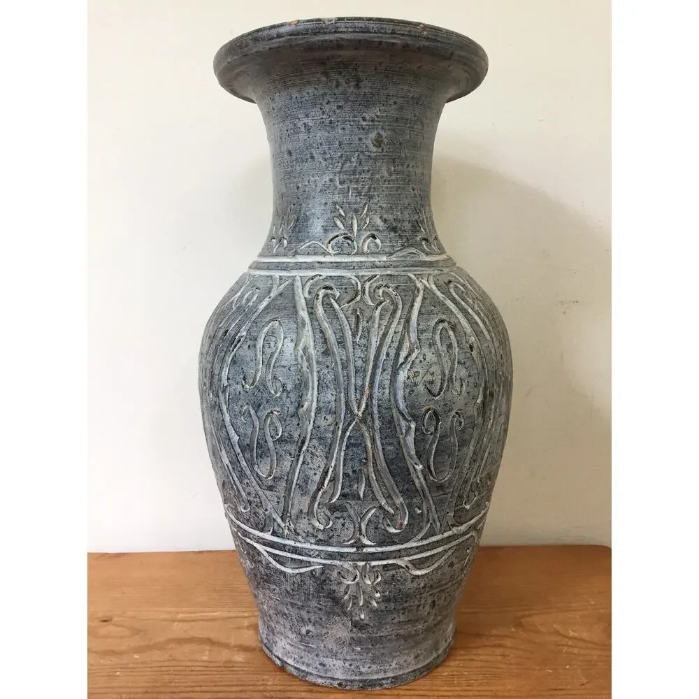Vtg Hand Thrown Art Studio Earthenware Blue Matte Arabesque 14